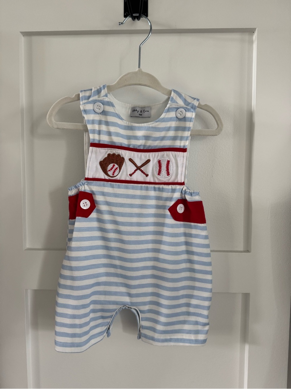 Abby & Evie Striped Blue & White Baseball Shortall with Red Trim